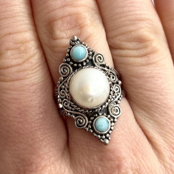 Larimar & Cultured PearlVintage Rope Design Sterling Silver Vintage Ring - sz 8 - Picture 1 of 7